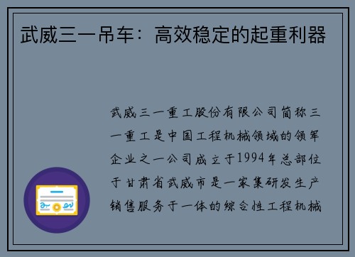 武威三一吊车：高效稳定的起重利器